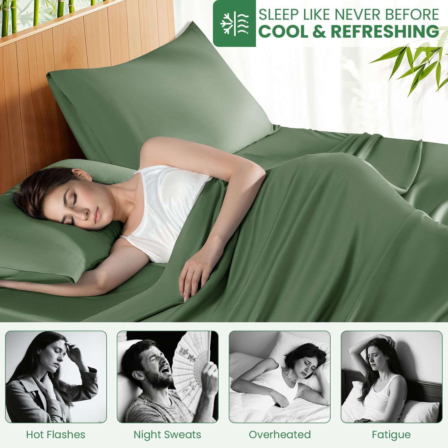 100% Viscose Derived from Bamboo_ Sheet Set - 4pcs, Extra Deep Pocket up to 18"-24", Cooling Sheets for Hot Sleepers, Breathable & Naturally Soft Bed Sheets(Queen,Olive Green)