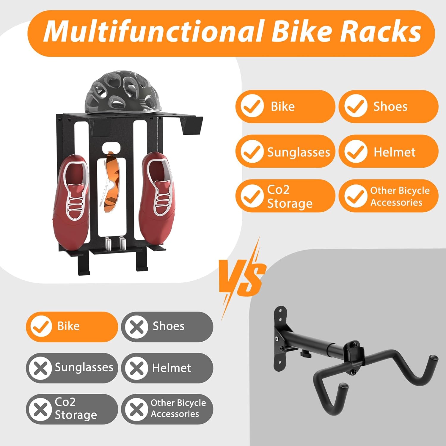 Bike Wall Mount Rack, Wall Bike Rack with Shelf and Hooks, Bike Storage Wall Mount System For Race Bicycles and Mountain Bikes, Space Saving Wall Mounted Hanger for Garage, Store your helmet and shoes
