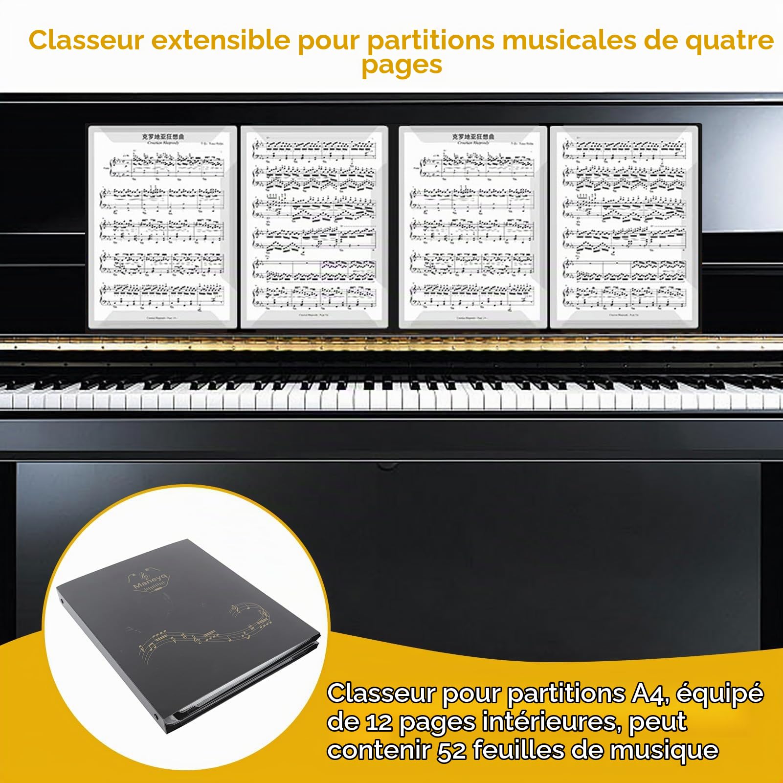 Classeur pour Partitions A4, Classeur de Piano Extensible Détachable de 4 Pages en Feuilles Capacité de 52 Pages Support de Rangement pour Écriture Dessin Modification Stockage Fichier