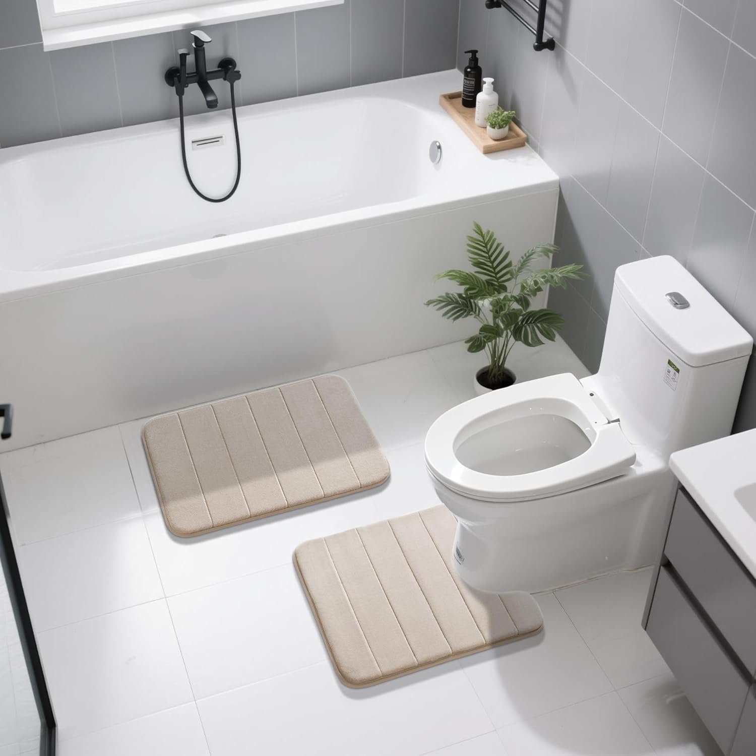 Yimobra U-Shaped Toilet Bath Mat Set 2 Piece - Super Soft Absorbent Quick Dry Memory Foam Bathroom Rugs, Machine Washable Non Slip Floor Carpet for Tub Shower & Single Sink (17x24 & 24x20, Beige) - Image 7