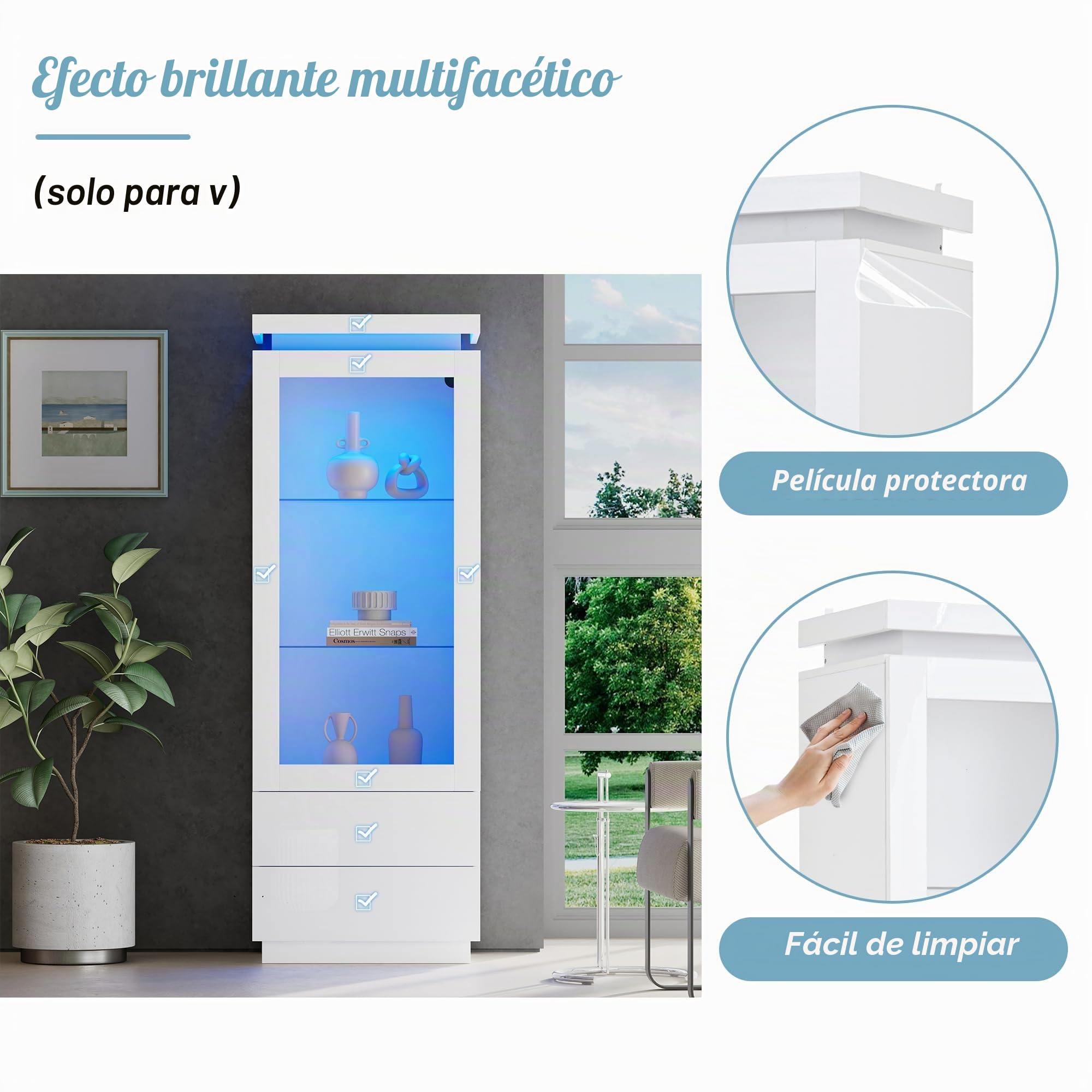 60 x 40 x 171 cm, armario alto con 2 cajones, brillante, vitrina de cristal con LED, armario para el salón, con puertas de cristal y puerta plegable, color: blanco