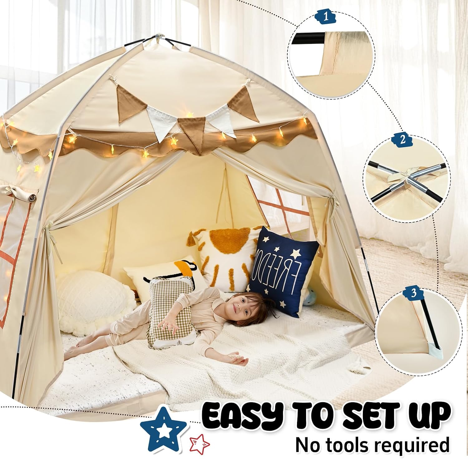 RIYDH Kids Bed Tent Canopy Twin with String Light 80% Blackout Portable Breathable Privacy Dream Tent, Indoor Camping Sleeping Tents for Girls Boys Play Original Design Drafty Cottage Room Floor Use
