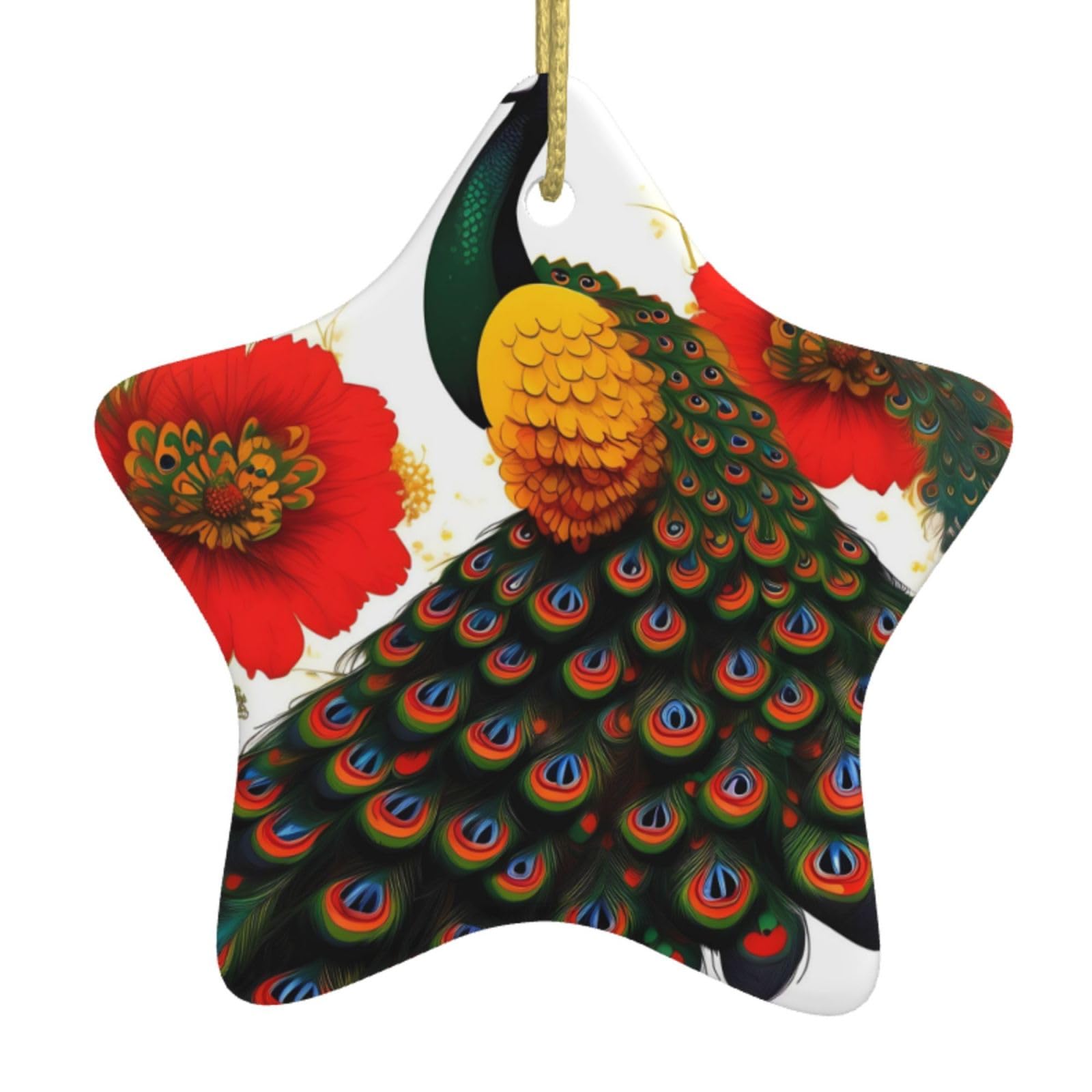 Peacock Red Flower Christmas Ceramic Star Pendant with Punched Holes and Gold Wire Rope, Christmas Tree Home Decoration