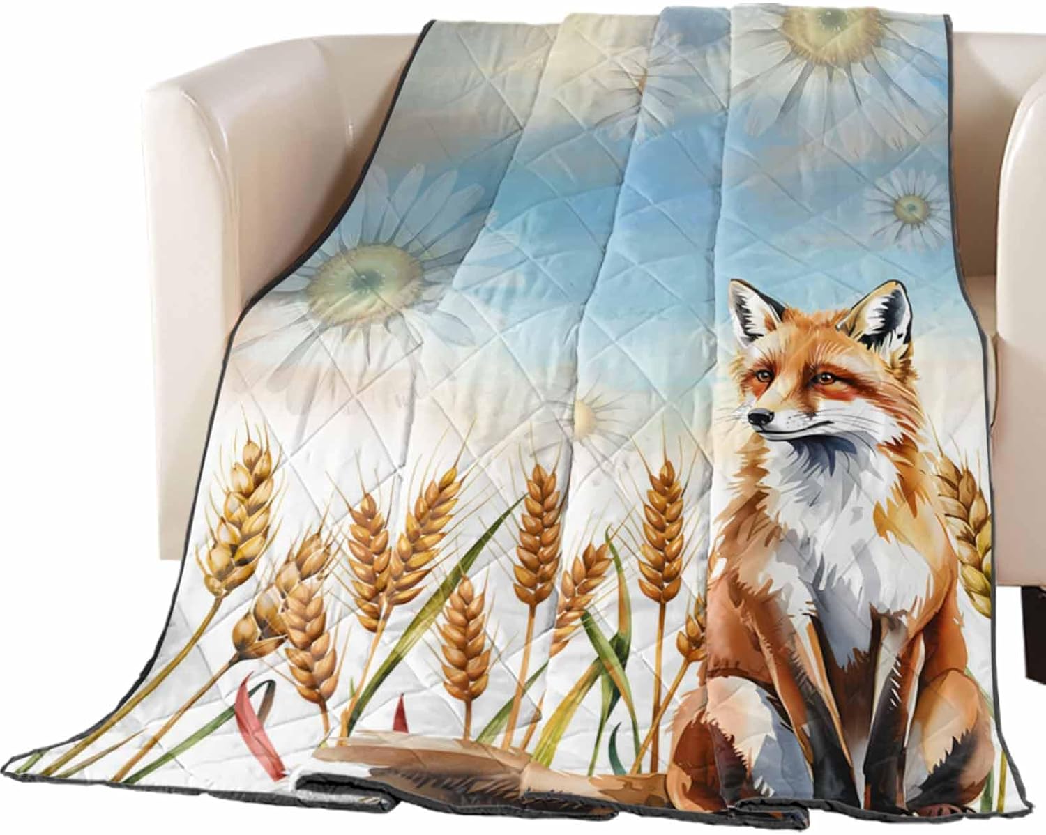 Quilt California King Luxury Quilted Comforter Bedspread-Thin Soft Cozy, Fall Rustic Watercolor Daisy Wheat Fox Blue Gradient Sky Reversible Stitched Lightweight Quilt Coverlet for All Season