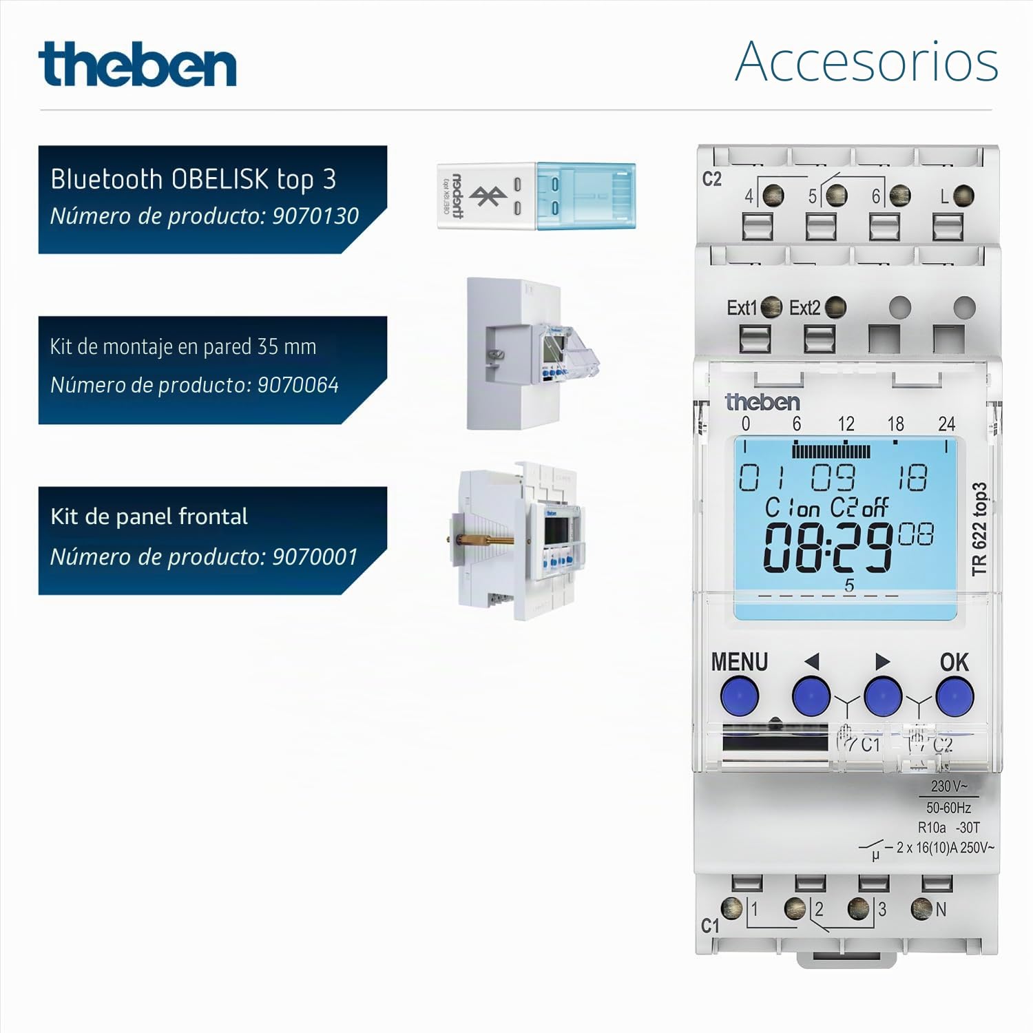 Theben 6220130 TR 622 top3 Interruptor horario Digital 2 Canales semanal | 600 W LED, 10 años reserva, precisión +/- 0,25 s/día, 800 A/200 µs, 2 canales, 2 entradas ext., 84 memorias, impulso/ciclo