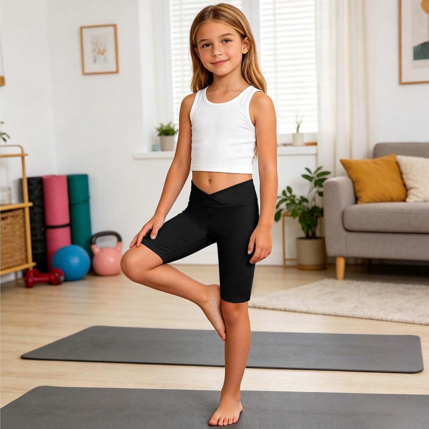 Girls V Cross Waist Athletic Shorts Kids Soft Bike Shorts for Volleyball Yoga Dance Running Gymnastics Gym Workout