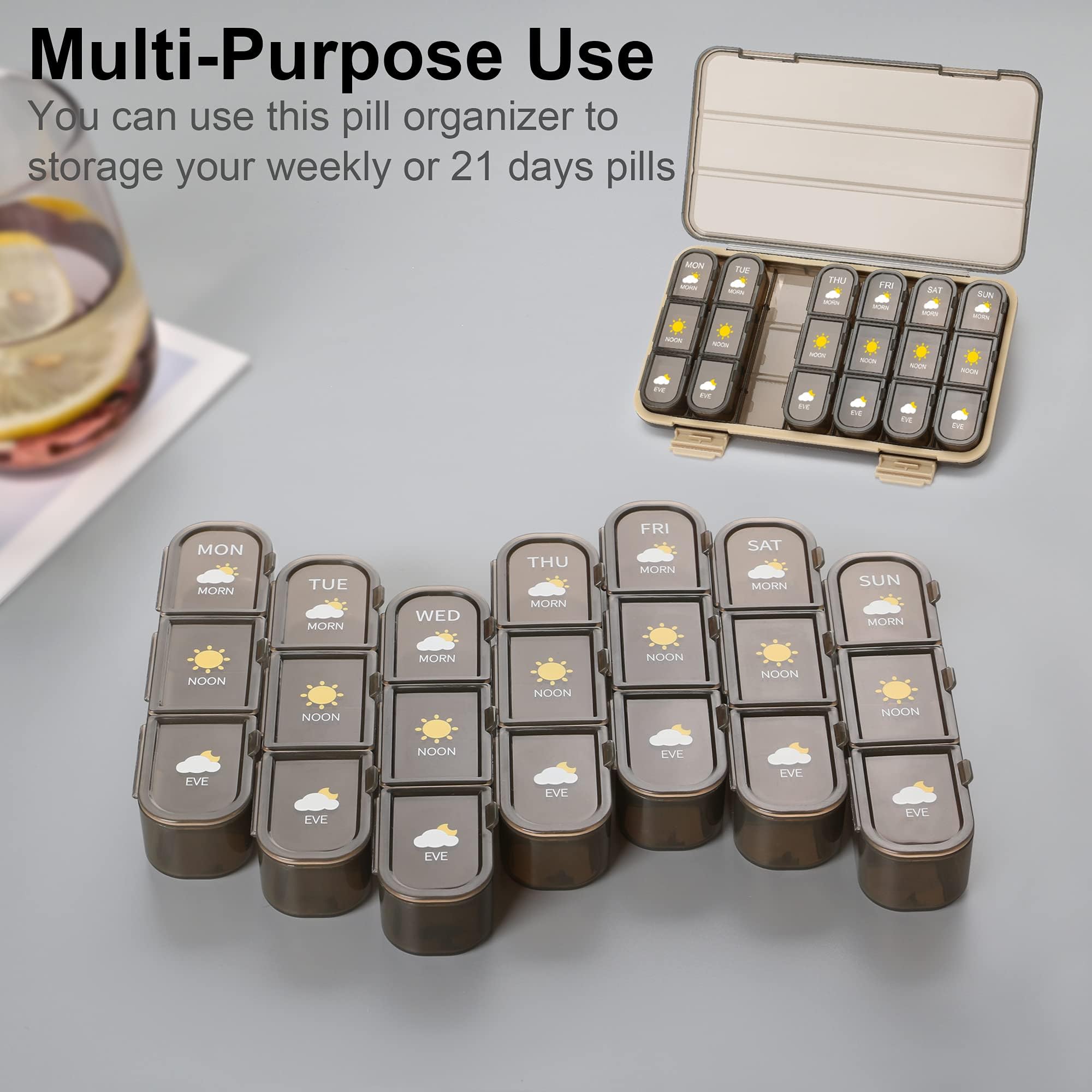 Acedada Pill Organizer 3 Times A Day, Pill Box 7 Day - Weekly Travel Medicine Organizer Box, Large Pill Container Holder Vitamins Case Pill Dispenser, Brown