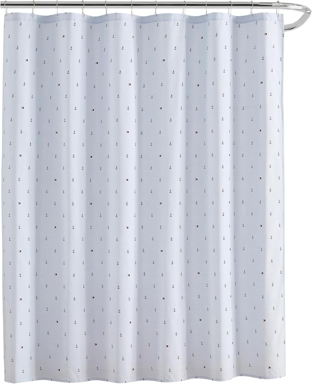 Tommy Hilfiger - Shower Curtain, Recycled Cotton Blend Bathroom Curtain, 72 x 72, Tailored Stripe Design with Flag Detail, Americana Decor, Machine Washable (Pewter Grey)