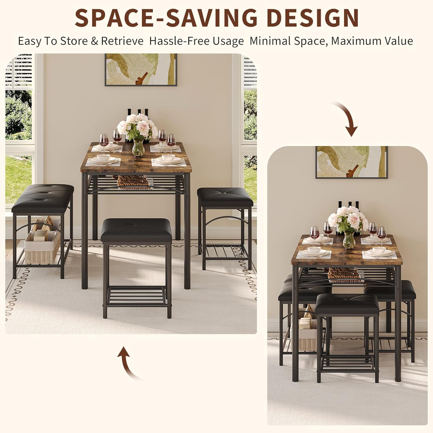 Dining Table Set for 4, Kitchen Table with Upholstered Bench and 2 Stools, 4 Pieces Kitchen Table Set with Storage Rack & Metal Frame for Small Space, Kitchen Table and Chairs Set for Apartment