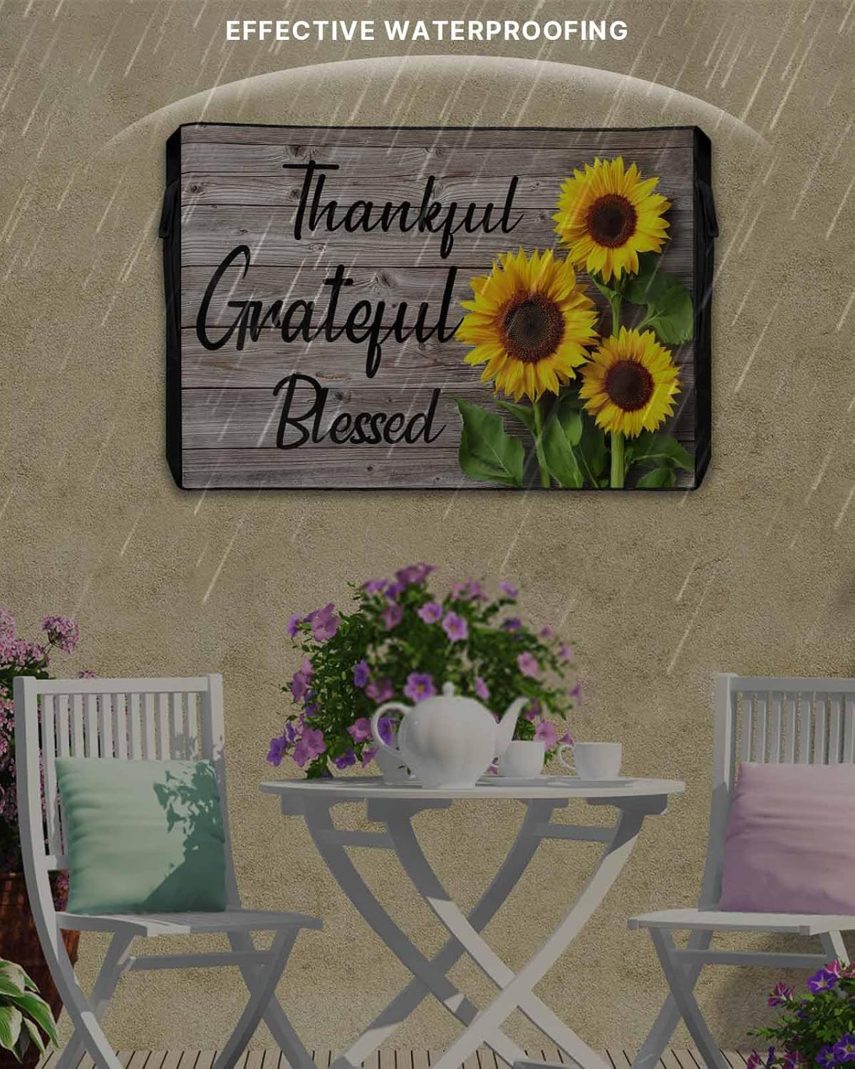 Rustic Wood Outdoor TV Cover - Fits 48-50" TV - Weatherproof & Waterproof Oxford Cloths - Sunflower Pattern