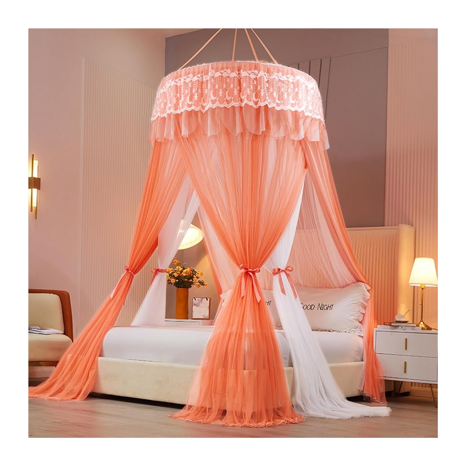 Baldaquin rond orange avec auvent de lit en dentelle double couche et dôme LED pour lits simples à doubles