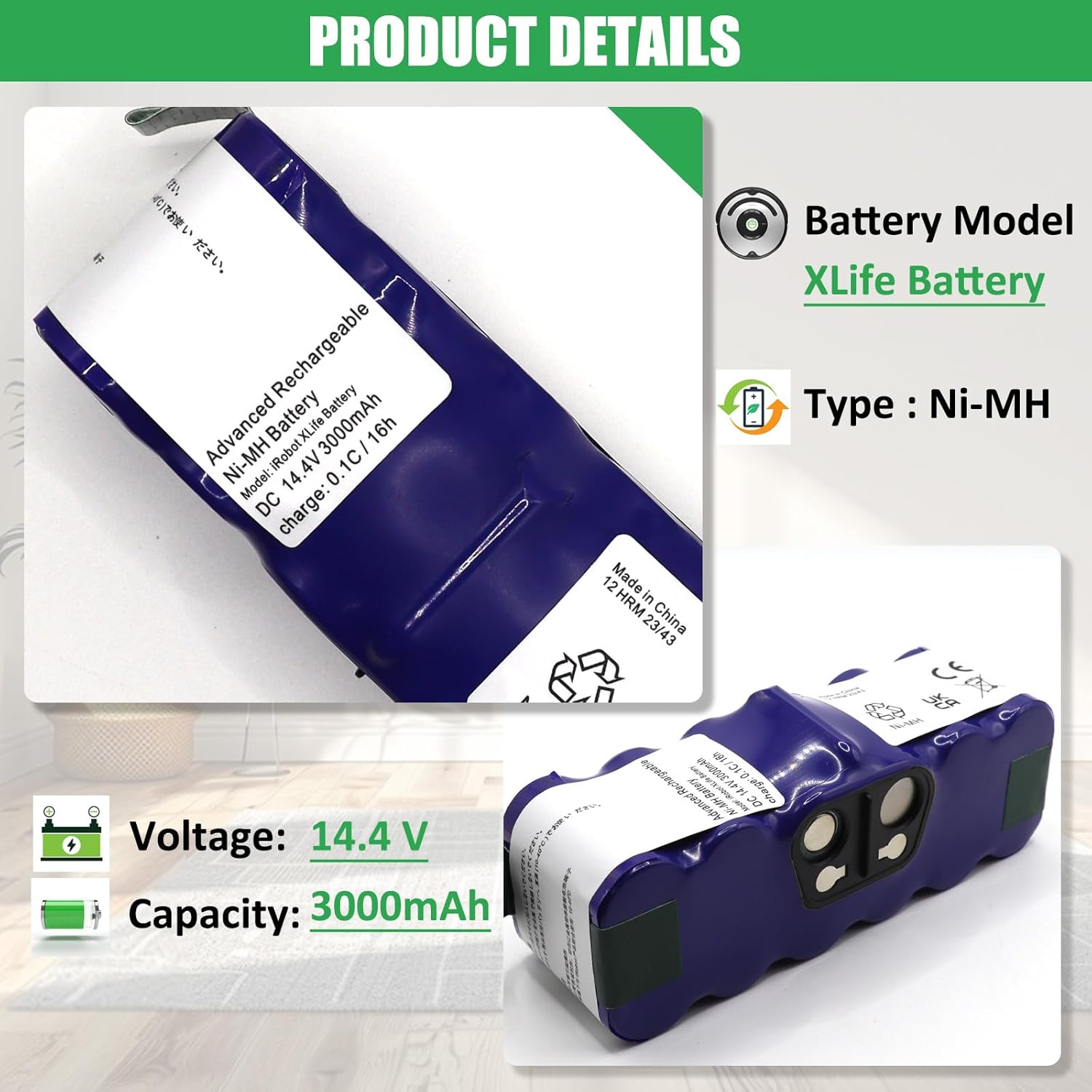 for iRobot Replacement Parts XLife Extended Life Replacement Battery Compatible with Roomba R3 500 600 700 800 530 535 540 550 R3 560 570 580 595 620 630 660 650 760 770 Series 14.4V 3000mAh