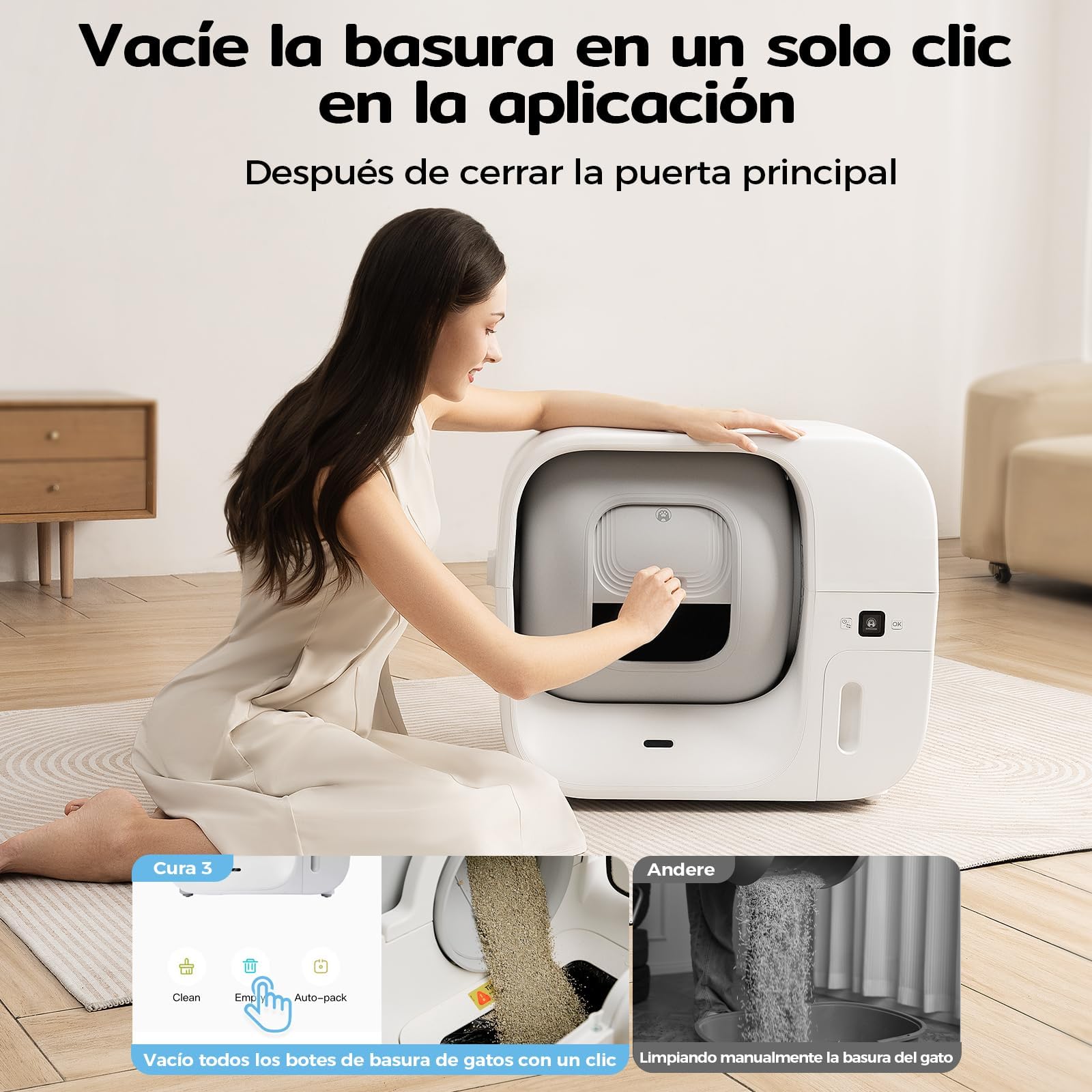 Arenero Gatos Autolimpiable, Cura 3 Arenero Autolimpiable para Gatos con Sistema de Empaquetado Automático, Certificación de Seguridad TUV (7 Sensores), Control de Olores y Funcionalidad de App