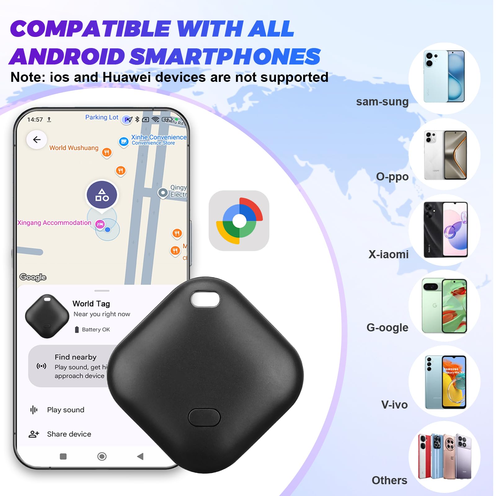 GPS Tracker Android ohne ABO, [Google Offizielle Zertifiziert] Smart Tracker Android kompatibel mit Google's Find Hub-App, Mini Tracker wasserdicht IP68 für Schlüssel Gepäck Geldbörse