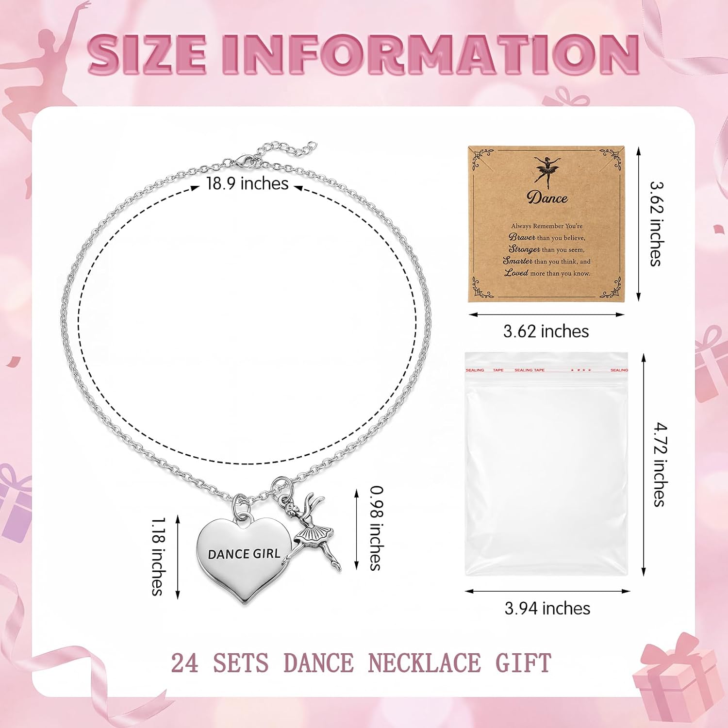 Tondiamo 24 Sets Ballerina Dance Necklace Bulk Dance Recital Gifts Adjustable Ballet Pendant Necklace with Inspirational Card Ballet Jewelry Accessories for Team Graduation Ballerina Party Favors