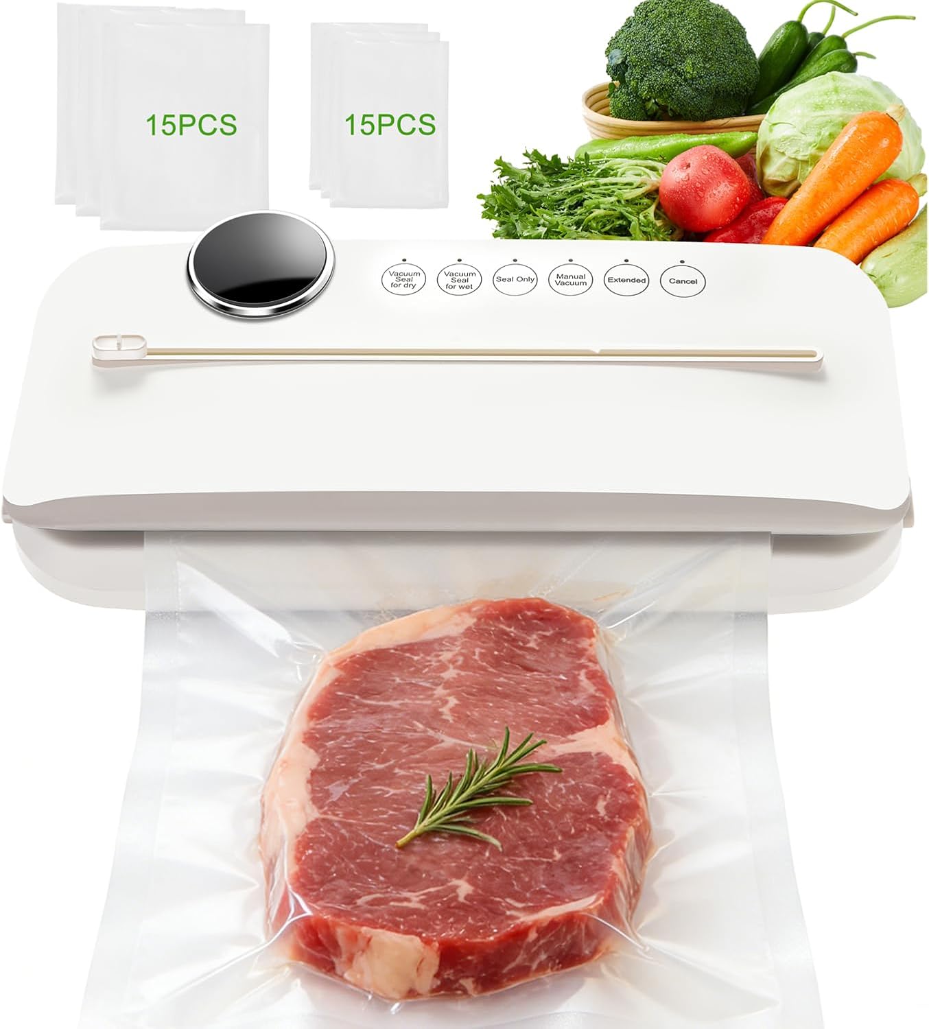Food Vacuum Sealer - 85kPa Strong Suction, 170W Motor, 30 Consecutive Sealings, One-Touch Automatic Dry/Wet Modes - Air-Tight Food Storage with Food Container Vacuum Tube. (Milk white)