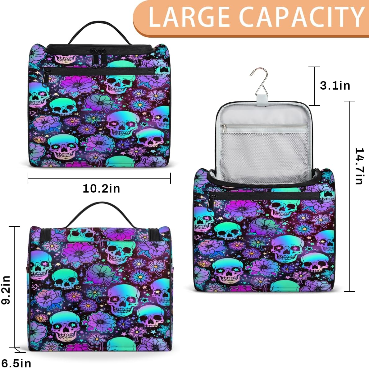 Toiletry Bag for Women, Colorful Skull Flower Universe Hanging Travel Toiletry Bag, Water-resistant Cosmetic Makeup Organizer for Toiletries and Cosmetics, Bathroom Shower Bag with Handle and Hook