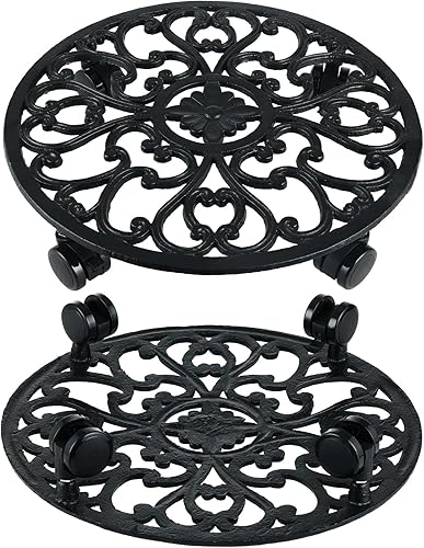 Miniatura 7 de 2 paquetes de soporte rodante para plantas de 14 pulgadas con ruedas, organizador de plantas de metal con ruedas, soporte redondo resistente para