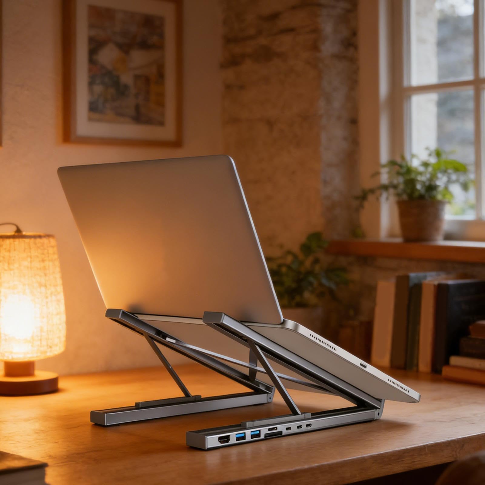 Supporto Portatile per Notebook con Docking Station Hub 8 in 1 Porta | Trasferimento Dati a 5 Gbps, Supporto Pieghevole per Computer Portatile con Porte USB per Scrivania, Casa, Lavoro