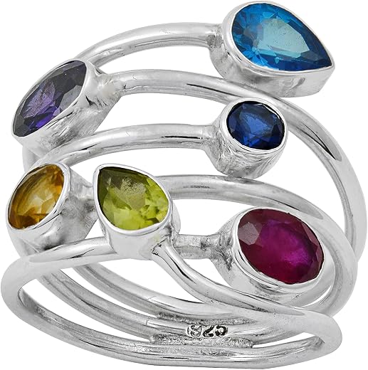 Ravishing Impressions Multi Gemstone Bridal-Wedding Jewelry 925 Sterling Silver Handmade Ring