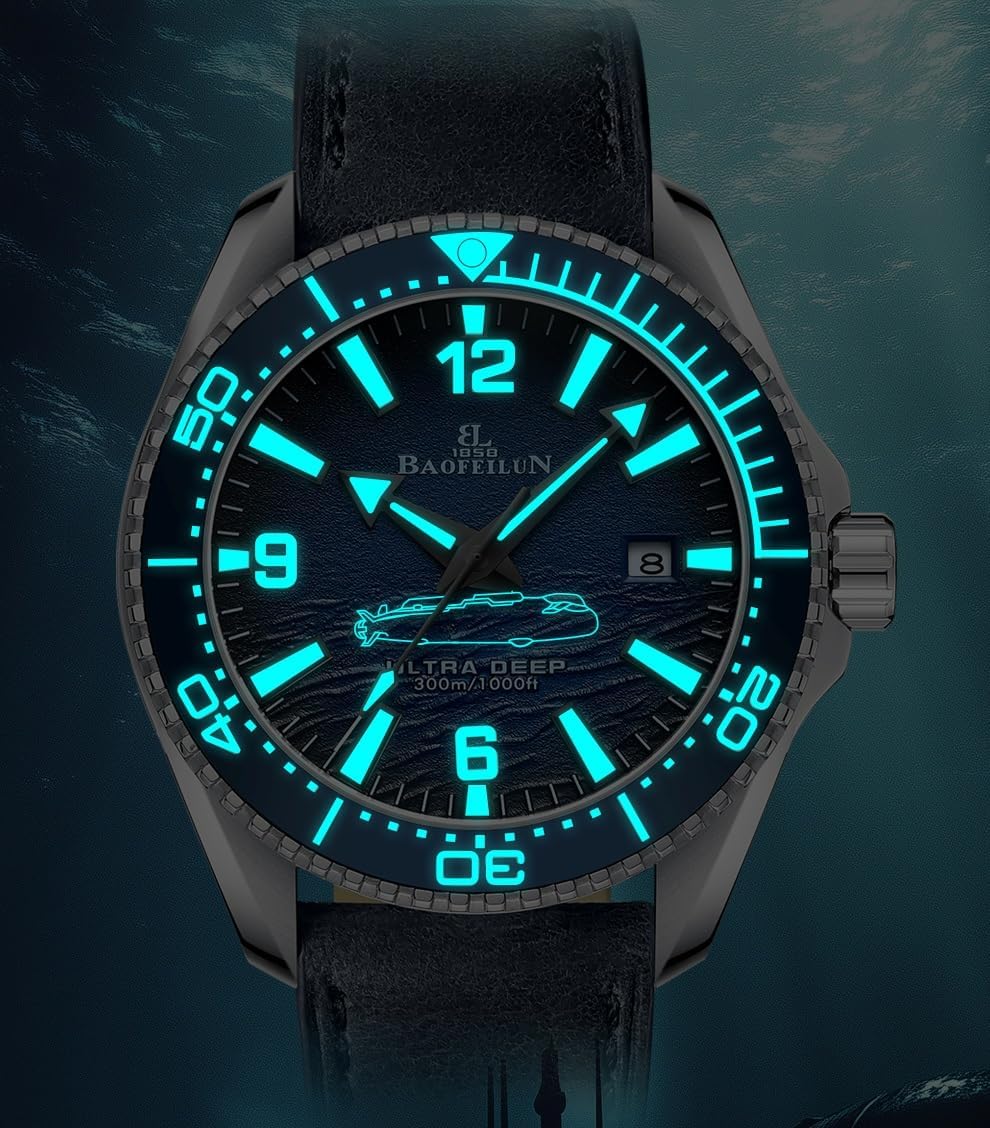 Mens Automatic Watch, Luminous Submarine & Wave Dial,