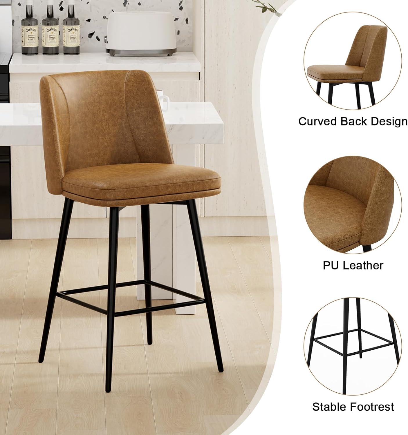 Swivel Bar Stools Set of 2, Upgraded Counter Height Bar Stools with Back, 360° Swivel, Ergonomic Backrest Footrest, Solid Metal Legs, 26 Inch Counter Stools for Kitchen Island, Faux Leather Brown