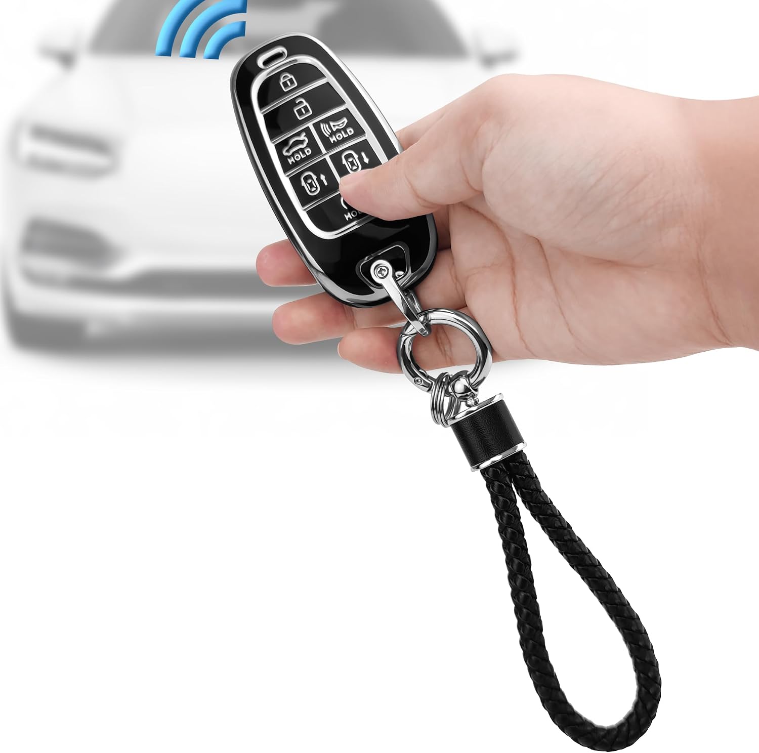 JOYEAR Keychain with Key Fob Cover Compatible with 2019 2020 2021 2022 Sonata Nexo Santa Fe Tucson 7-Buttons(Silver-Black) image 4