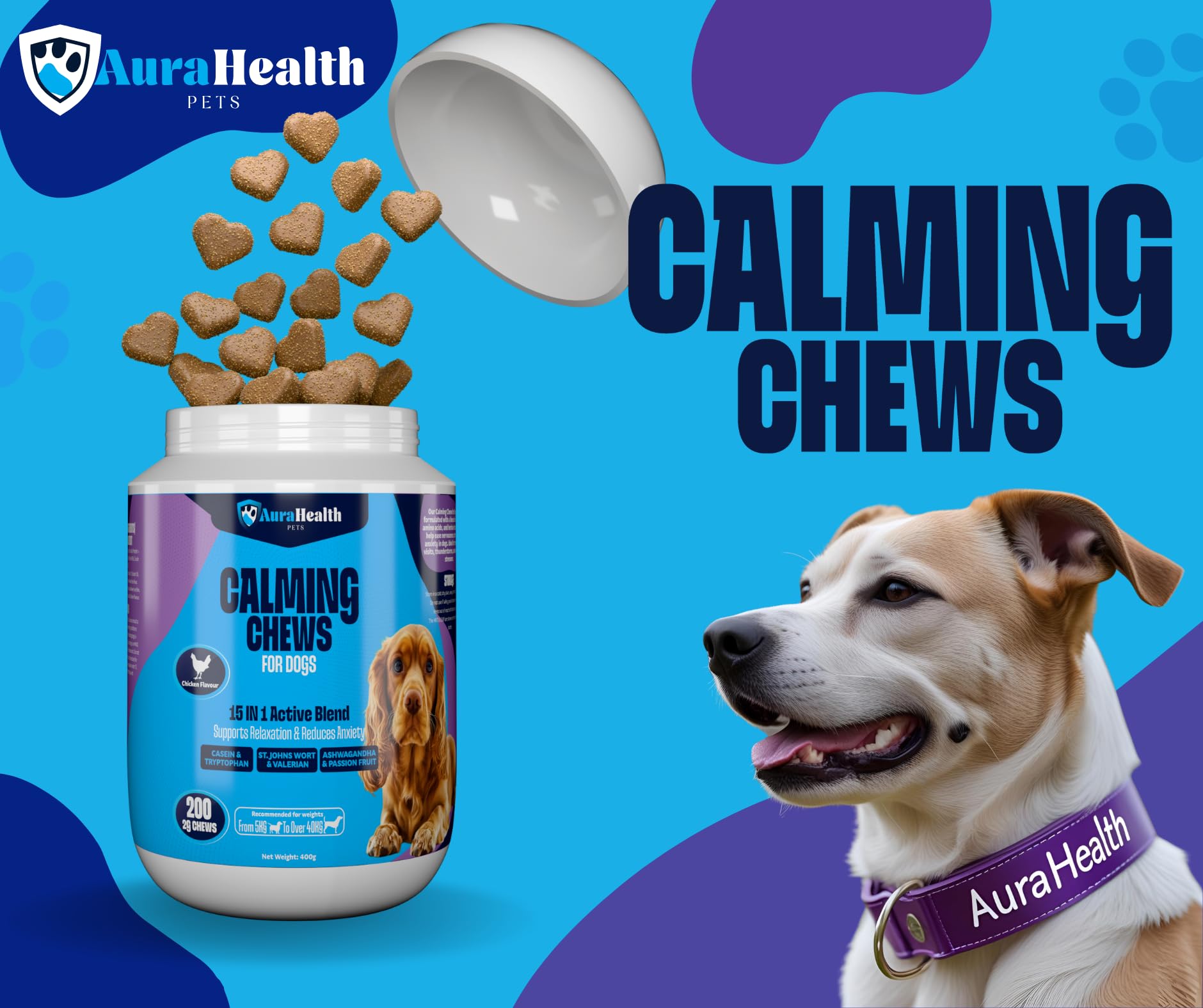 Aurahealth Calming 200 Chews up to 4-month supply for Small to Medium Dogs. 15-in-1 Reduce Stress, Fear, Separation, Barking - Image 2