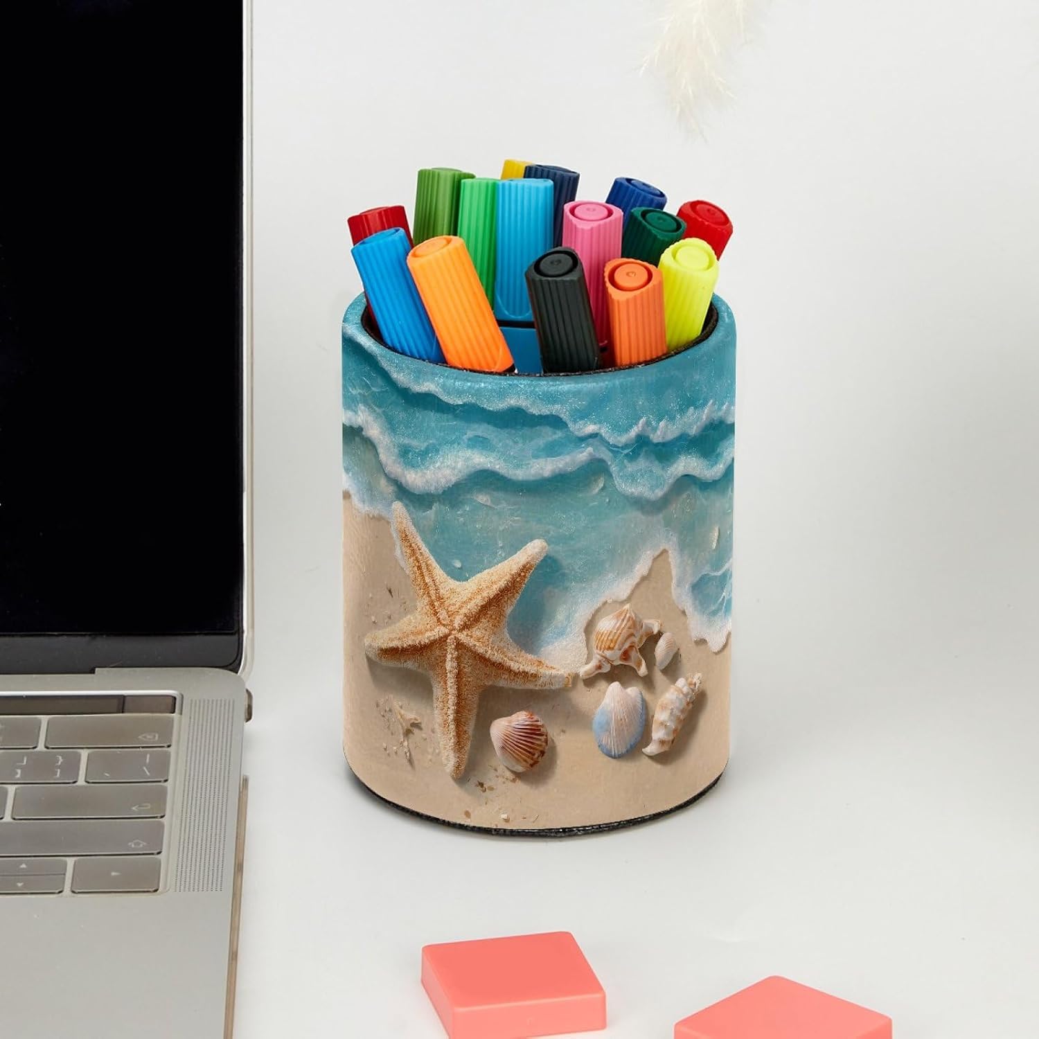 Nautical Beach Starfish and Shell Leather Pen Holder for Desk, Multifunctional Desktop Organizer Pencil Cup, Desktop Caddy Stationery Organizer for School Home Office Desk Accessories image 5