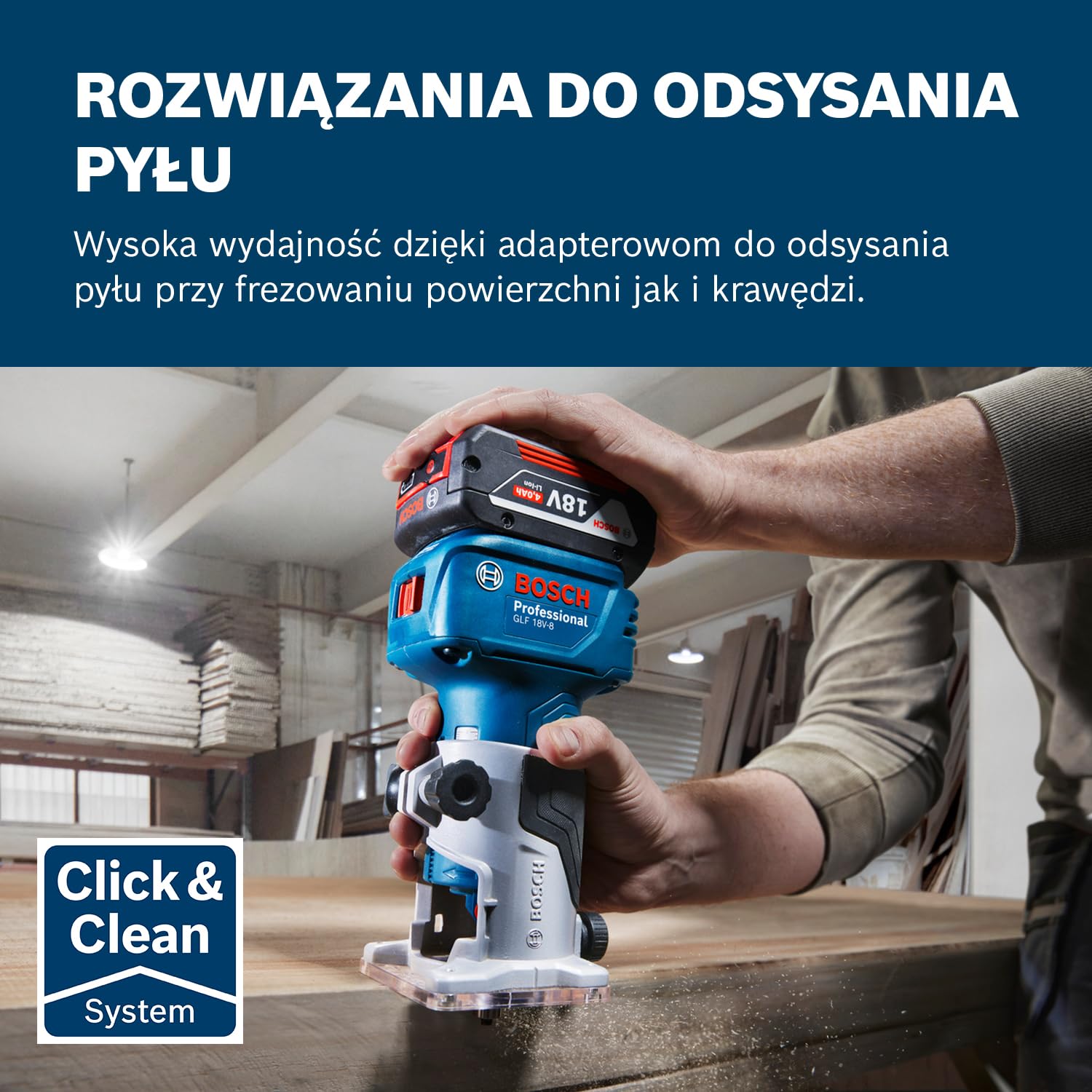 System profesjonalny 18 V firmy Bosch: frezarka akumulatorowa GLF 18V-8 (adapter do odsysania pyłu – frezowanie powierzchni, prowadnica rolkowa, tuleja zaciskowa 8 mm, klucz, bez akum./ładowarki)