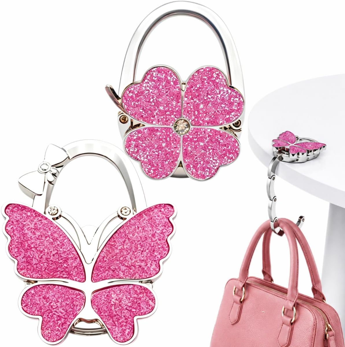 2 Pack Pink Purse Hook for Table, Butterfly & Clover Bag Hanger