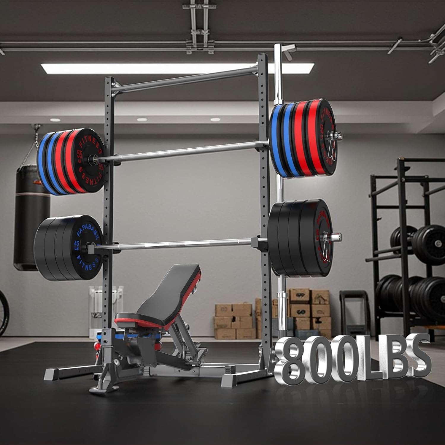 papababe Squat Rack with Pull Up Bar, Multi-Functional Power Rack with J-Hooks and Safety Arms, Workout Rack with Plate Stake and Barbell Storage for Home and Garage Gym