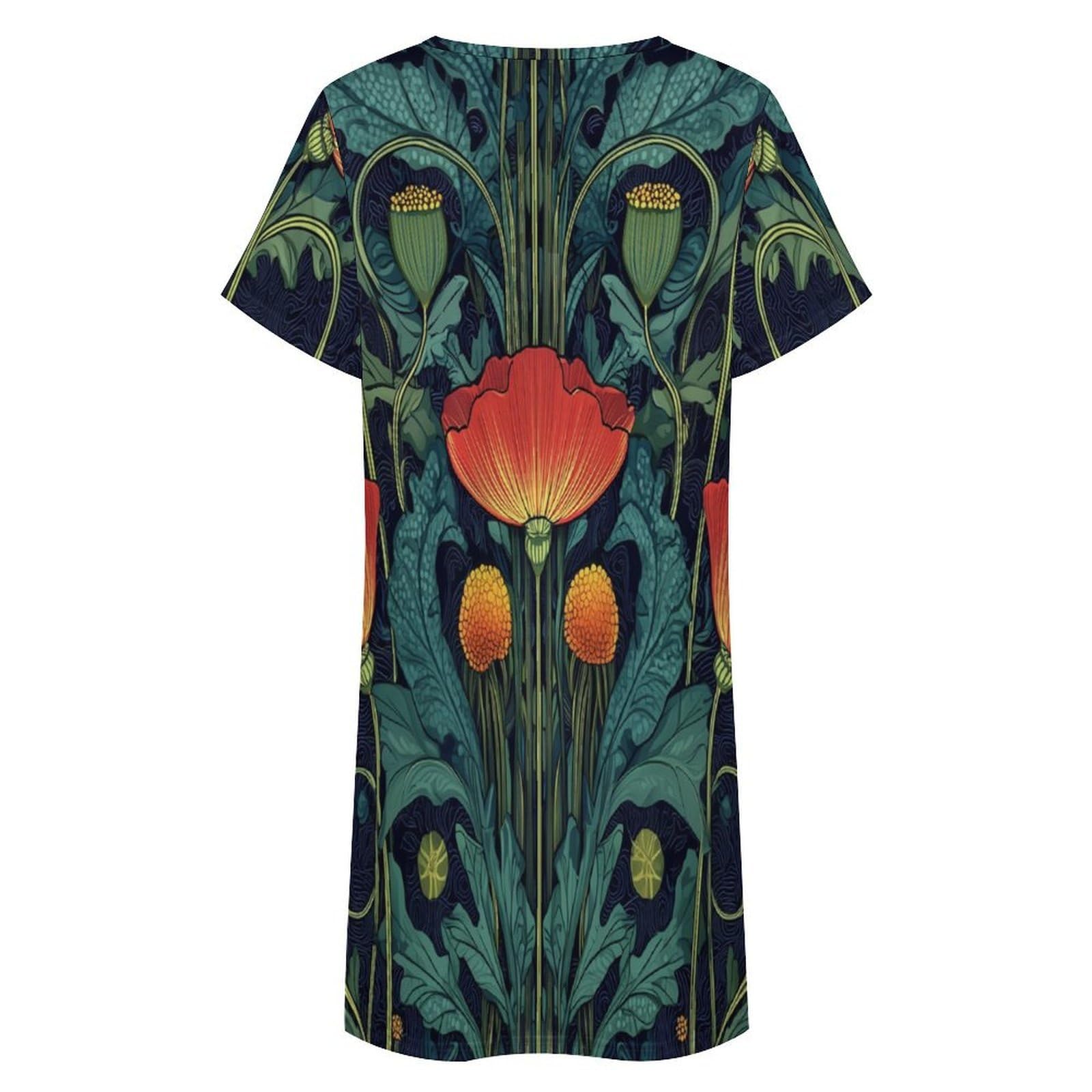 Pijamas De Verano para Mujer - Pequeñas Flores Rojas Camisón De Manga Corta para Estar En Casa Tallas S-3Xl Holgado Largo Suave para El Verano.
