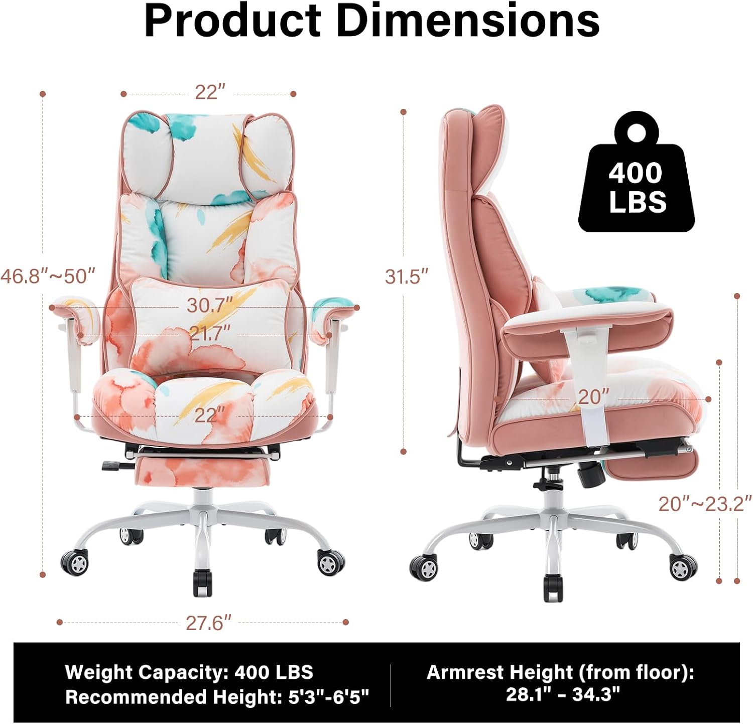 Home Office Chair, Comfy Reclining Desk Chair with Footrest, Pink