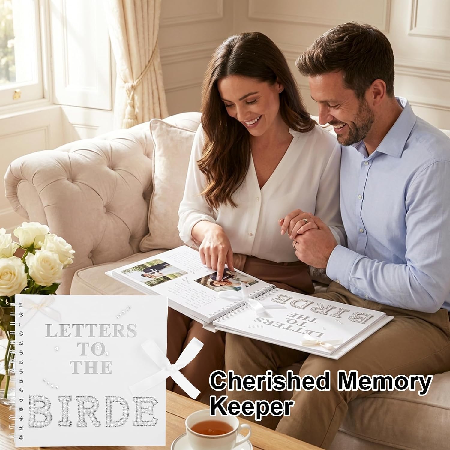 Letters to The Bride Scrapbook Supplies Kit, White Wedding Photo Album, 8 x 8 Inch Blank Paper Wedding Scrapbook Album with Pearl Stickers, Metallic Letters, Bows for Bridal Shower Guest Book DIY
