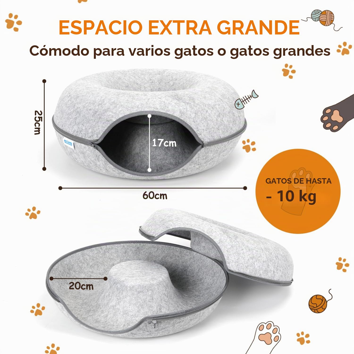 Nobleza Túnel para Gatos de Fieltro, Cama para Gato Extraíble con Cremallera, Casa para Gatos Interior, Apta para Gatos Medianos y Grandes de hasta 13 kg, 60×60×26cm, Gris