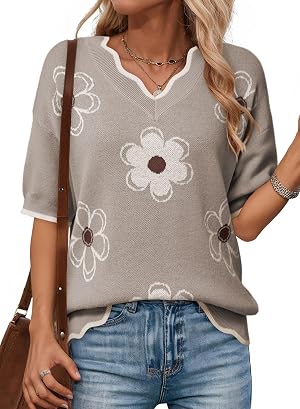 Dokotoo Womens Casual V Neck Short Sleeve Sweater Ribbed Knit Lightweight Sweaters Tops Fashion Clothing Outfits