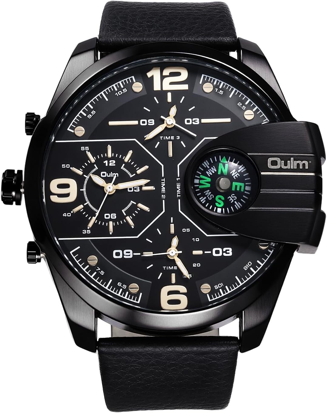 OIDEA Mens Watches: Big Dial 3 Time Display Compass Decoration Analog Quartz Wrist Watches for Men Business Casual Fashion Elegant Dress Watch with PU Leather Strap