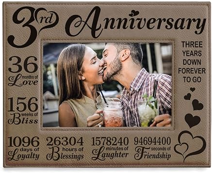 KATE POSH Our 3rd Wedding Anniversary, 3 Years Anniversary, 3 Years of Marriage, Gifts for Couple, Third Anniversary - Engraved Leather Picture Frame 4 x 6 Horizontal