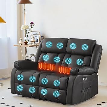 BSTSEL Recliner Armchairs 1+2 Seater Soft Sofa with 8 Point Massage Heat USB Port and Storage Side Pockets Reclining Chairs Lounge for the Elderly Black 2 Seater Recliner