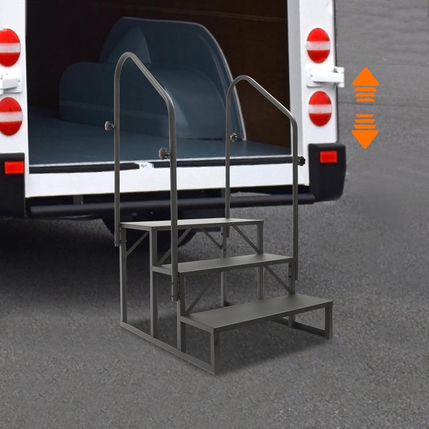 RV Steps with Handrail, 3 Step Stairs w/Handrail Wheel Stair Hot Tub Steps Exterior Steel RV Step Ladder Portable Pool Ladder 450 LBS Load Capacity for Safety in and Out of RV, Camper