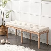 Bonzy Home 47" French Vintage Tufted Bedroom Bench - Linen Upholstered Entryway Bench with Cushion for Bedroom, Living Room, Beige