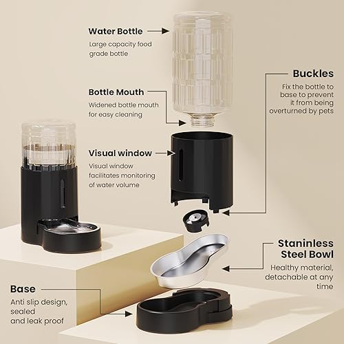 Miniatura 6 de CZPET Dispensador automático de agua para gatos de 4 litros135 onzas con cuenco de acero inoxidable, bebedero por gravedad para perros pequeños,