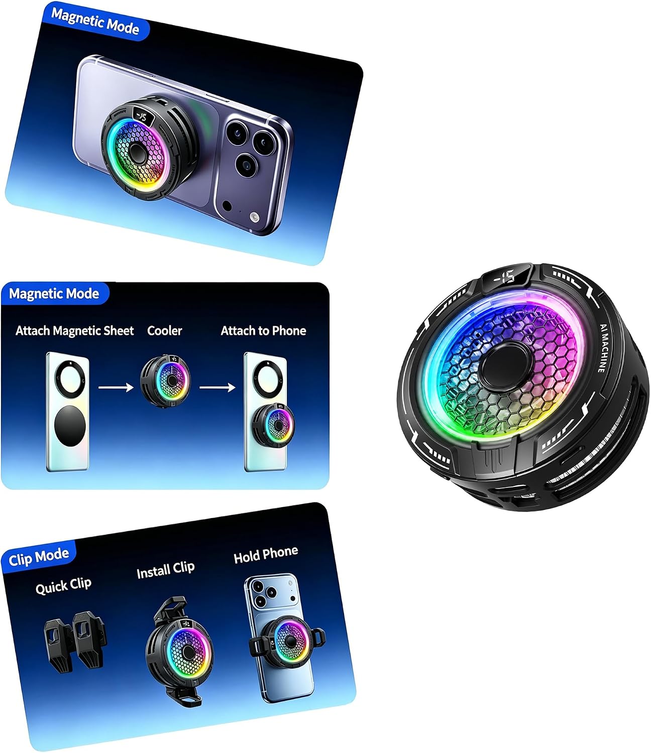 Magnetic Phone Cooler, Low Noise USB Cooling Fan with Smart Temp Control, RGB Light, Magnetic Ring & Clip Compatible, Cellphone Radiator for iPhone Magnetic Series/Android/Tablet/iPad