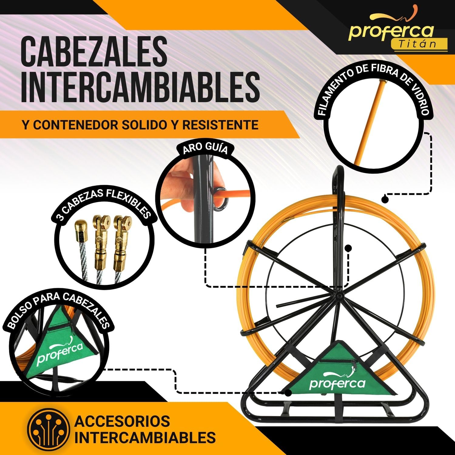 Guia Pasacables Profesional 6mm y 50 metros de Fibra de Vidrio Reforzada | Guia con Contenedor y Accesorios intercambiables| Especial Jardines | Malla Tiracables