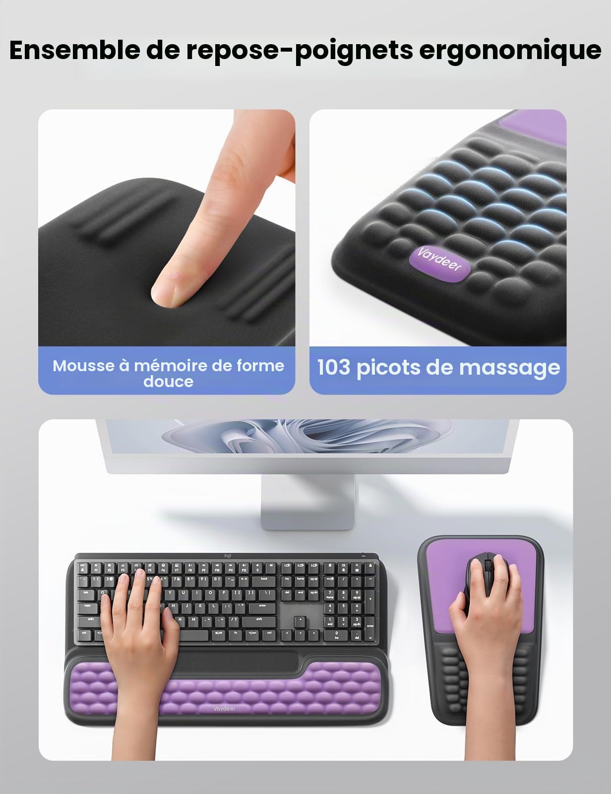 VAYDEER Set rehausseur de clavier et repose-poignet, Violet et noir