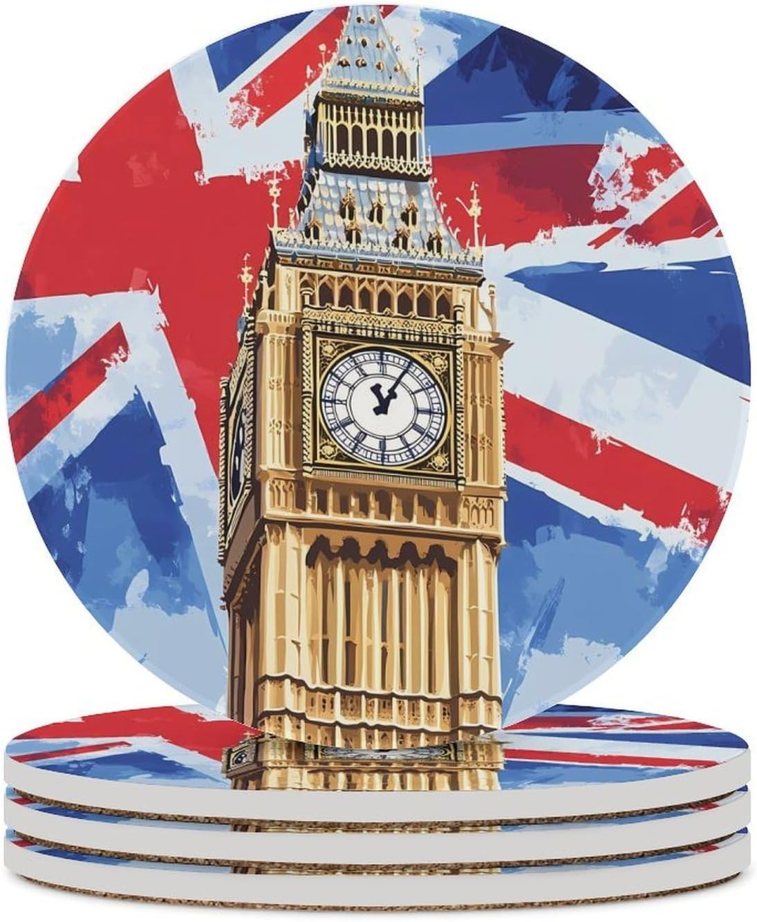 Big Ben British Flag Round Ceramic Coasters Print Drinks Absorbent with Cork Base for Home Decor Gifts 4 Inch