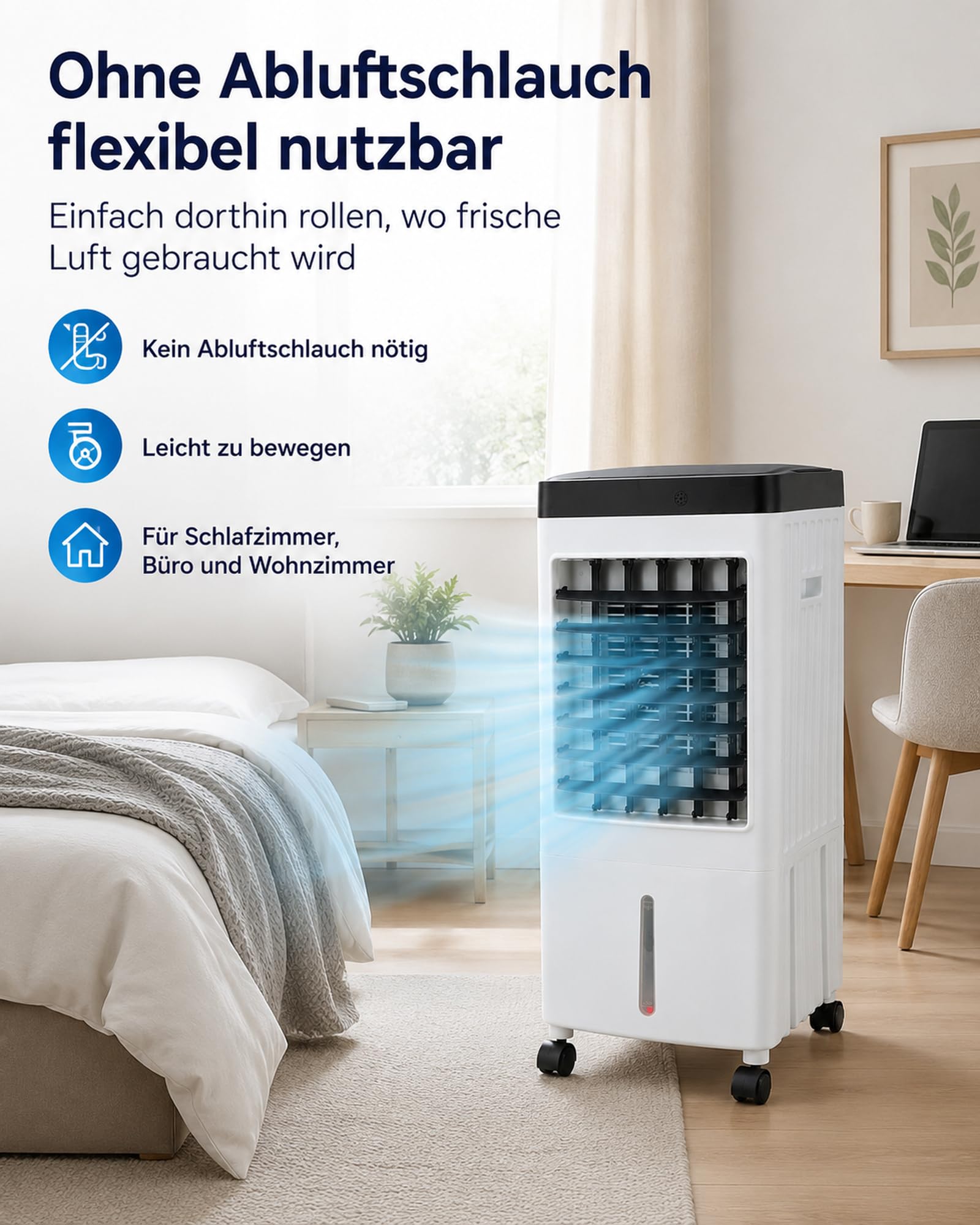 Luftkühler Mobiles Klimagerät ohne Abluftschlauch, Wassergekühlter Kühlventilator mit 3 Windstufen, Fernbedienung, Eisboxen und Schwenkfunktion für Zuhause, Schlafzimmer und Büro