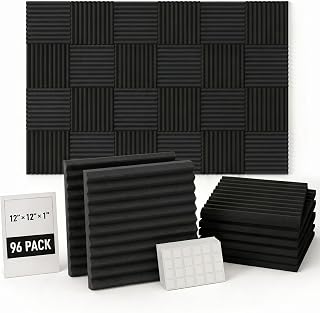 96 Pack Allxinlog Absorb the echo Acoustic Foam Panel Wedge Studio Soundproofing Wall Tiles 12" X 12" X 1"(Accompanied By Double-Sided Adhesive Tape) (96-BLACK)