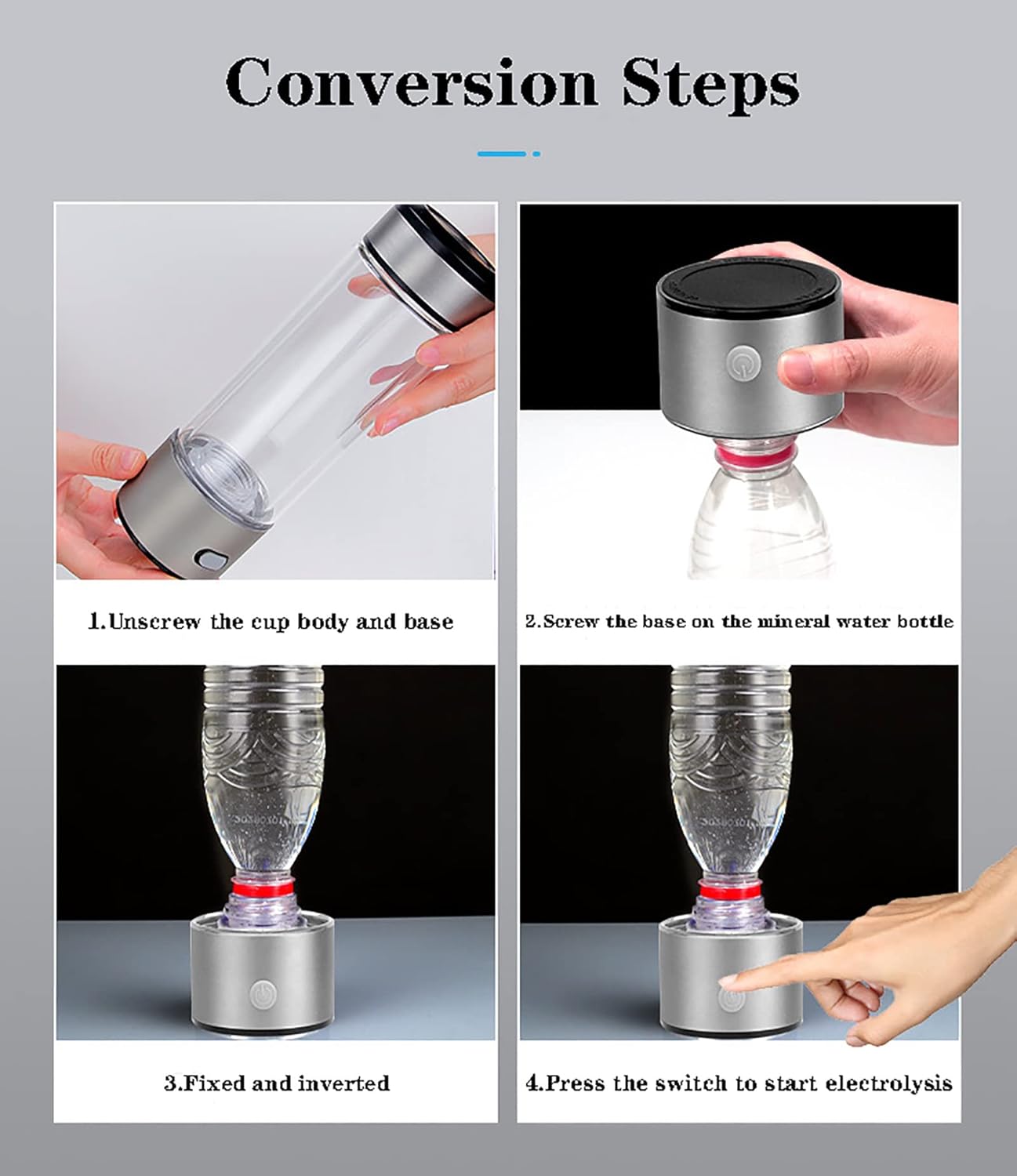 Hydrogen Water Generator, Anti-Aging Portable High-Concentration Hydrogen-Rich Cups, Up to 800PPB, One Machine for Two Purposes, for Home Travel Office(Color:Silver)